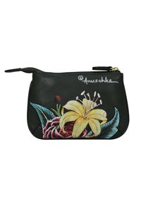 Schwarze Lederumschlag mit detaillierten floralen Motiven, darunter eine gelbe Lilie und eine dunkelrote Rose. Reißverschluss mit goldfarbenen Beschlägen.