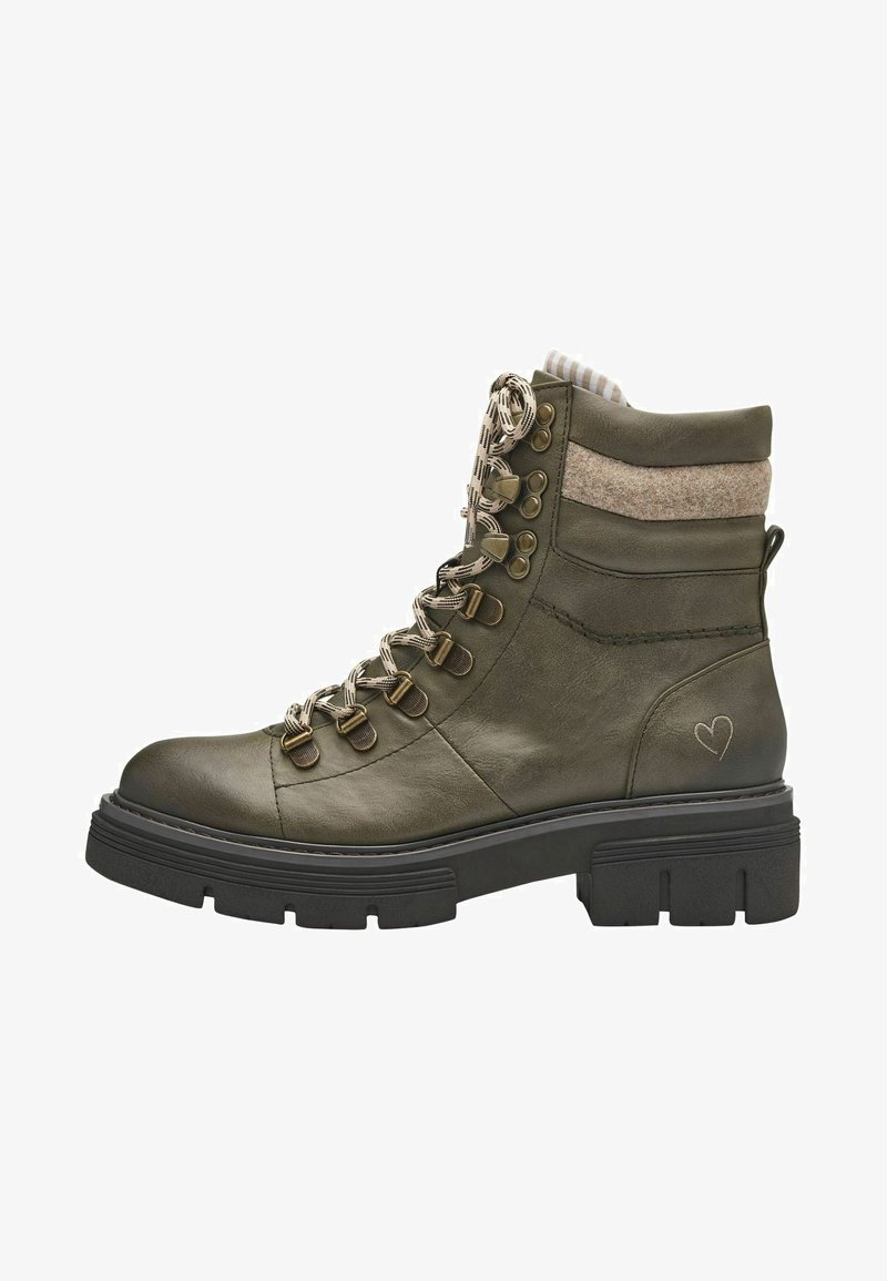 Olive green leather boot with a textured panel and light gray accents, featuring metallic eyelets, round laces, and a chunky black sole.