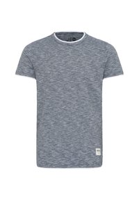 Tricou gri cu mânecă scurtă, cu un model texturat și amestecat, și un guler alb contrastant. Include o etichetă mică pe tiv.
