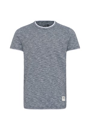 Grå T-shirt med korte ærmer, der har et tekstureret, meleret mønster og en kontrastfuld hvid rund hals. Har et lille mærke i kanten.