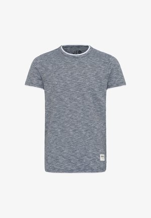 Grå T-shirt med korte ærmer, der har et tekstureret, meleret mønster og en kontrastfuld hvid rund hals. Har et lille mærke i kanten.