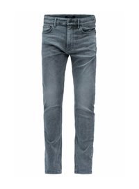 Jeans de mezclilla gris con un corte ajustado, diseño de cinco bolsillos y ligero desgastado. Cuenta con un cierre de botón y cremallera en la cintura.
