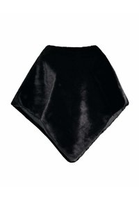 Poncho en fausse fourrure noire avec une forme en diamant. Texture douce et finition lisse. Présente une large encolure et aucun matériel visible.