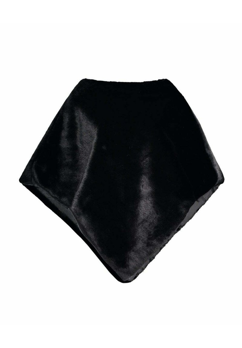 Poncho en fausse fourrure noire avec une forme en diamant. Texture douce et finition lisse. Présente une large encolure et aucun matériel visible.