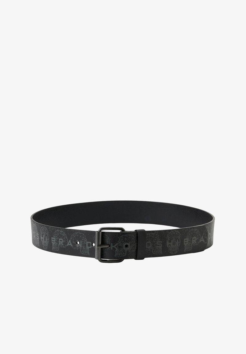 Zwarte leren riem met een gladde textuur, een vierkante metalen gesp en een herhalend reliëfpatroon langs de riem.