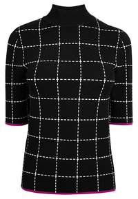 Černý rolák s bílou mřížkovou vzorou, krátkými rukávy a růžovým detailem na manžetách. Vyrobeno z hladkého, elastického materiálu.