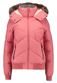 Veste rose gonflée avec une capuche amovible doublée de fourrure, une fermeture éclair à l'avant, des poignets côtelés et deux poches latérales zippées avec des accents noirs.