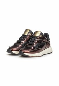 Un paio di scarpe da ginnastica con una tomaia di bronzo metallico, dettagli neri, accessori dorati e un'intersuola bianca. Suola in gomma testurizzata per una migliore aderenza.