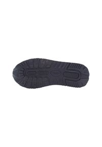 Svart gummisul med strukturerade mönster, inklusive mönster och spår för grepp. Har rundade kanter och en platt bakdel.