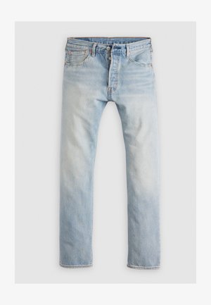 Light blue denim jeans, straight cut, with a faded finish. Features five pockets, button fly, and orange stitch accents.