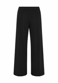 Zwarte brede broek met hoge taille en details van een voorkantnaad, getoond tegen een witte achtergrond.