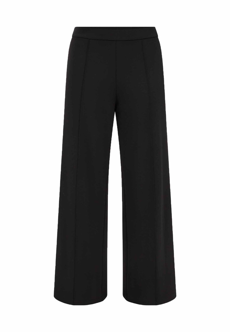 Zwarte brede broek met hoge taille en details van een voorkantnaad, getoond tegen een witte achtergrond.