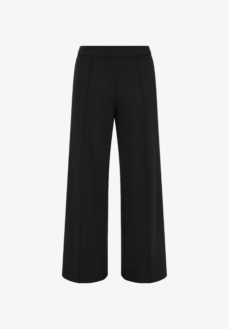 Zwarte brede broek met hoge taille en details van een voorkantnaad, getoond tegen een witte achtergrond.