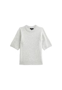 Suéter de punto gris claro con mangas cortas, cuello y dobladillo acanalados, textura suave y diseño sencillo, apto para llevar en capas.