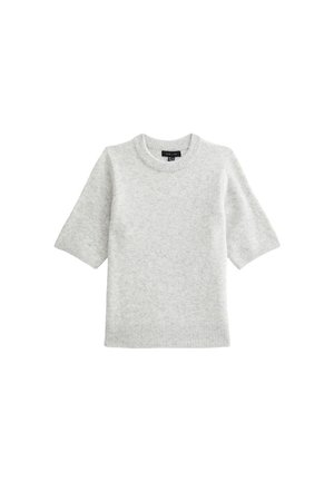 Light gray knit sweater with short sleeves, ribbed neckline and hem, soft texture, and simple design, suitable for layering.