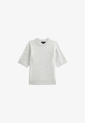 Ljusgrå stickad tröja med korta ärmar, ribbad halsringning och nederkant, mjuk textur och enkel design, lämplig för lager-på-lager användning.