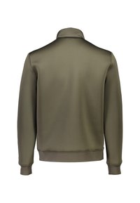 Olijfgroene sweatshirt met hoge kraag, lange mouwen en geribbelde manchetten. Gladde textuur met een getailleerd ontwerp en geen zichtbare patronen.