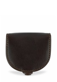 Braune Leder-Münztasche mit abgerundetem Deckel, sichtbaren Nähten und einem Druckknopfverschluss an der Vorderseite. Glatte Textur, kompaktes Design.