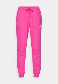 Pink sweatpants with a drawstring waistband, cuffed ankles, and a white Nike logo on the upper left leg. Soft, breathable fabric.