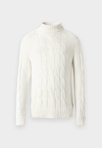 Suéter blanco de punto con cuello alto, que presenta patrones de trenzado, puños y dobladillo acanalados. Textura suave y peso medio.