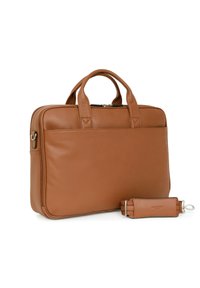 Bruine leren aktetas met twee bovenhandvaten, ritssluiting en een afneembare schouderriem. Gladde textuur met minimale accenten.