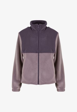 Veste en polaire gris foncé et clair. Fermeture éclair intégrale, col haut, manches longues et poignets élastiques. Texture douce avec un design en bloc de couleurs.
