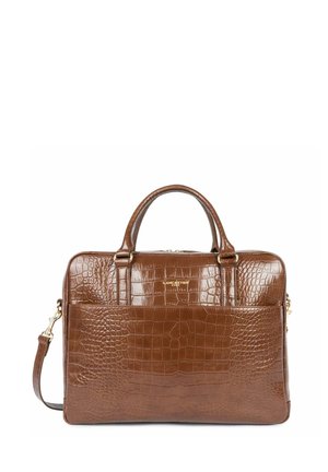 Brown crocodile-patterned leather bag with dual top handles, a detachable shoulder strap, gold hardware, and a front pocket.