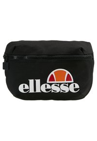 Black fabric pouch with zip closure. Features a large white ellesse logo and a circular graphic in orange and red. Compact, rounded shape.