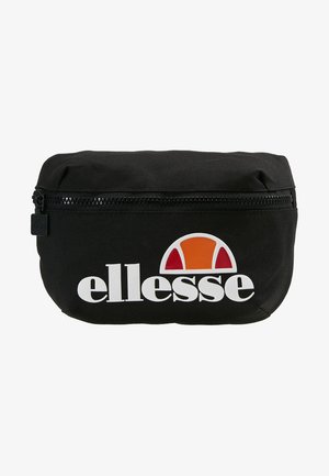 Bolso de tela negra con cierre de cremallera. Presenta un gran logo blanco de ellesse y un gráfico circular en naranja y rojo. Forma compacta y redondeada.