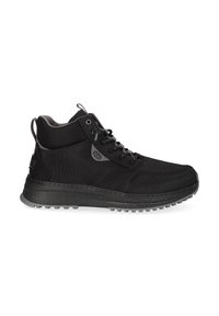 Scarpe alte nere realizzate in tessuto e gomma, con tela testurizzata, punta rinforzata e suola robusta con pattern antiscivolo.