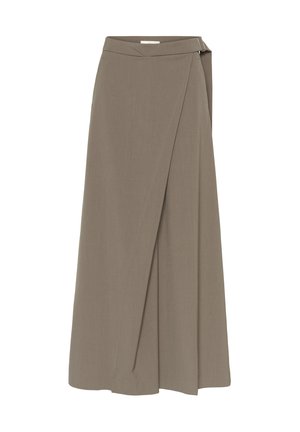 Dolga krilo v slogu ovoja barve taupe z zapiranjem na stranski zaponki in čistimi, krojenimi linijami na belem ozadju.