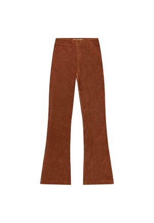 Bruine corduroy broek met uitlopende pijpen en een elastische tailleband, weergegeven op een witte achtergrond.