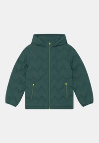 Grüne, gepolsterte Jacke mit Kapuze, ausgestattet mit einem Reißverschluss und zwei seitlichen Taschen, akzentuiert durch gelbe Reißverschlüsse. Durchgängiges Rautenmuster.