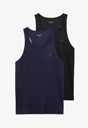 Two sleeveless tank tops in navy and black, made from soft fabric. Each features a round neckline and a small logo on the chest.