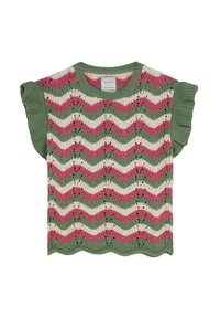 Strickpullover mit gewelltem Saum und Rüschensleeves, im Chevron-Muster in Grün, Rosa und Cremefarben. Leichtes Material.
