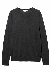 Pull gris foncé à manches longues avec un décolleté en V. Fabriqué à partir d'un tissu doux et texturé, avec des poignets et un ourlet côtelés.