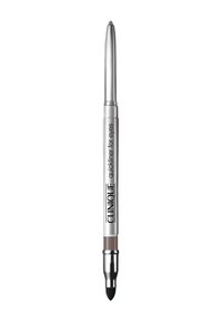 Clinique Quickliner for Eyes i en sølv blyantformat med en mørkebrun tupp og en blande svamp i motsatt ende.