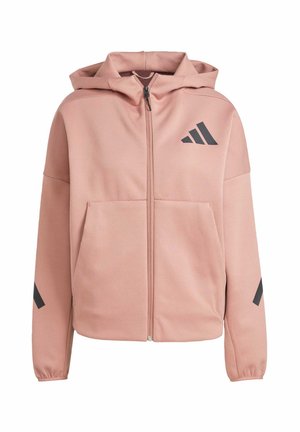 Rosa Zip-Hoodie mit Kapuze, zwei Fronttaschen und schwarzen Logo-Akzenten. Verfügt über eine glatte Textur und einen lässigen Schnitt.