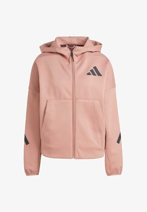 Rosa Zip-Hoodie mit Kapuze, zwei Fronttaschen und schwarzen Logo-Akzenten. Verfügt über eine glatte Textur und einen lässigen Schnitt.