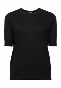 Haut en tricot noir à manches courtes avec encolure ronde et poignets et ourlet côtelés, présenté sur un fond blanc.