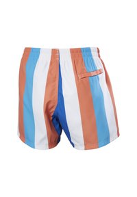 Męskie szorty kąpielowe z pionowymi paskami w kolorach pomarańczowym, białym, niebieskim i jasnobłękitnym. Elastyczny pasek w talii z detalem kieszeni z tyłu. Lekki materiał.