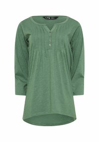 Grüne Bluse mit langen Ärmeln, rundem Ausschnitt, Knopfleiste und plissiertem Vorderdesign. Weicher Stoff mit lockerer Passform und abgerundetem Saum.