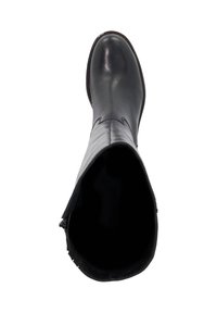 Black leather boot with a smooth finish, pointed toe, and a zipper on the side, featuring subtle stitching along the shaft.