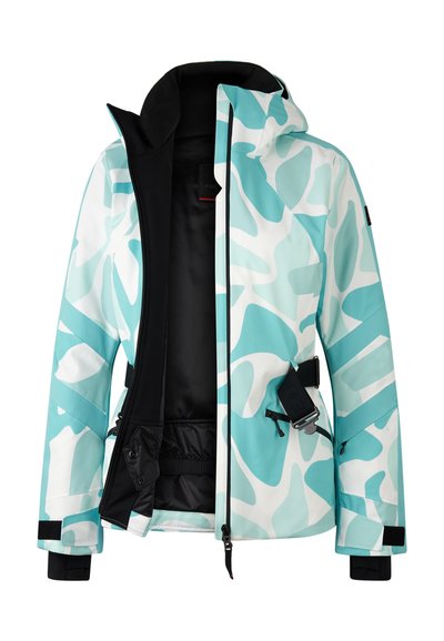 Türkis und weiß gemusterte Jacke mit einem Reißverschluss vorne, schwarzem Innenfutter, verstellbaren Ärmelbündchen und einer abnehmbaren Kapuze.