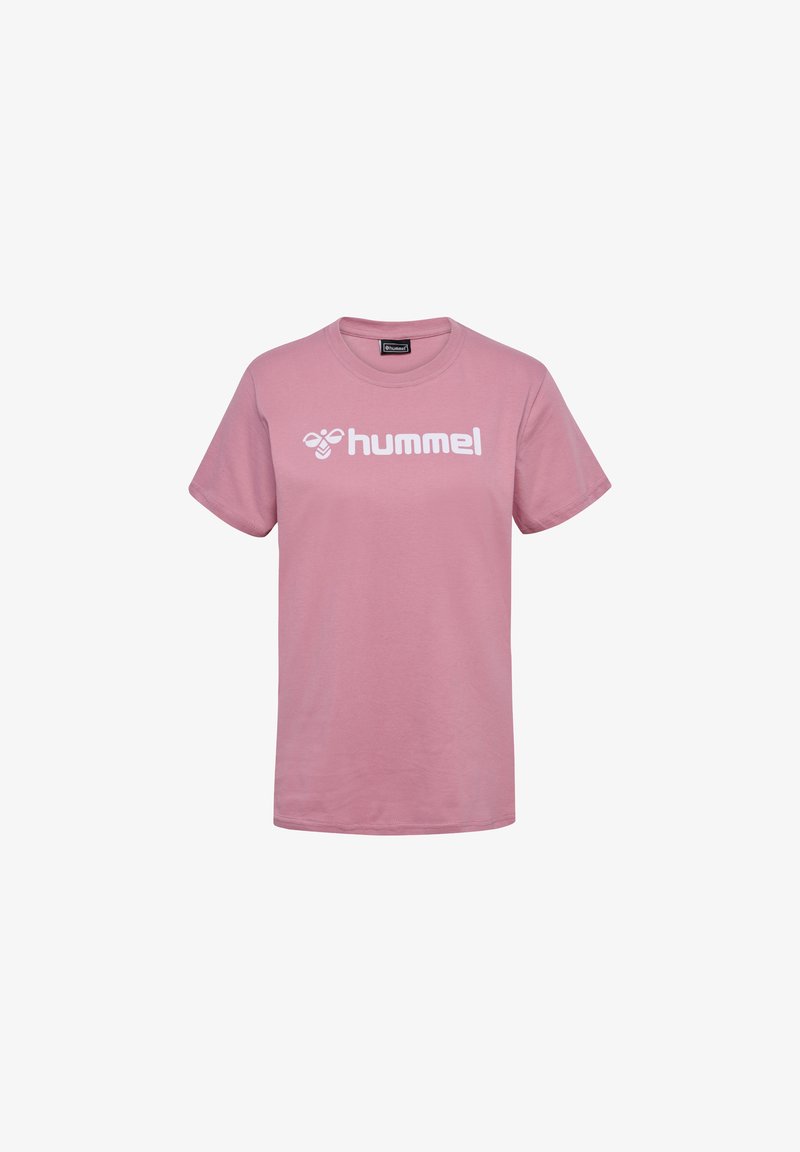 Rosa bomullst-shirt med korta ärmar och rundad halsringning. Har en vit "hummel"-logotyp tryckt över bröstet i en djärv, modern stil.