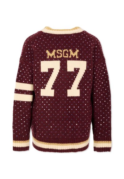 Bordowy sweter dziany w kropki. Posiada kremowe paski na rękawach i na dole oraz żółty napis "MSGM 77" z tyłu.