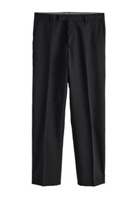 Pantaloni neri realizzati in un tessuto liscio e tessuto. Presentano tasche laterali e un design a gamba dritta con cintura in vita.