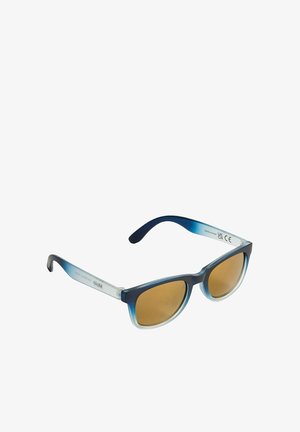 Sonnenbrille mit einem verblassten blauen Gestell und braun getönten Gläsern. Klare Bügel sind mit einem Logo versehen, und das Design ist im Cat-Eye-Stil.