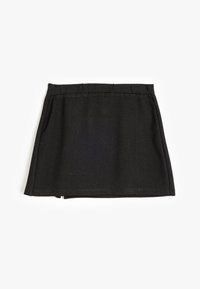 Schwarzer Minirock aus strukturiertem Stoff, mit elastischem Bund und geradem Saum. Keine sichtbaren Muster oder Hardwaredetails.
