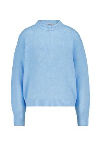 Pull oversized bleu clair avec un col montant, texture tricotée, poignets et ourlet côtelés. Matière douce, coupe décontractée avec épaules tombantes.